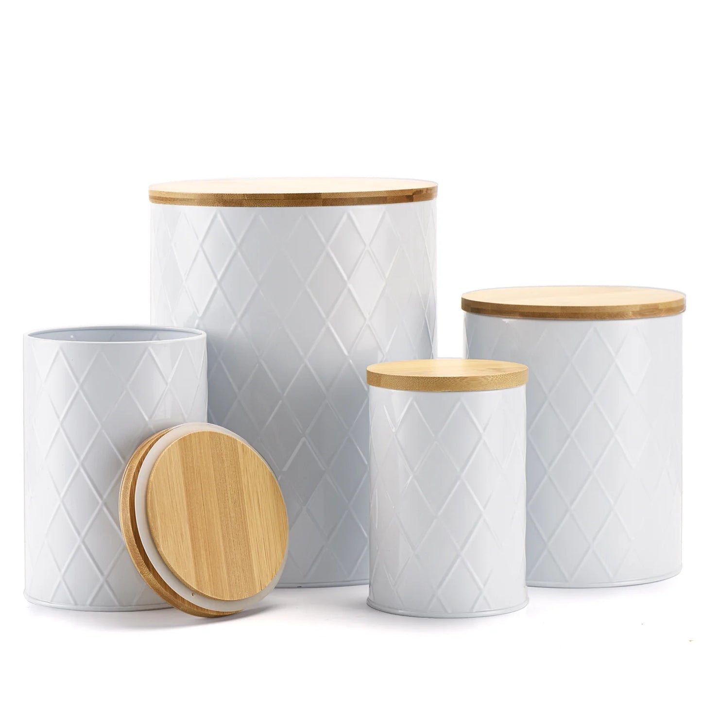 White Kitchen Canisters Set with Wooden Lids, Airtight Sugar, Flour, Coffee, Cookie Storage Canister Sets for Kitchen Countertop, 4 Pack