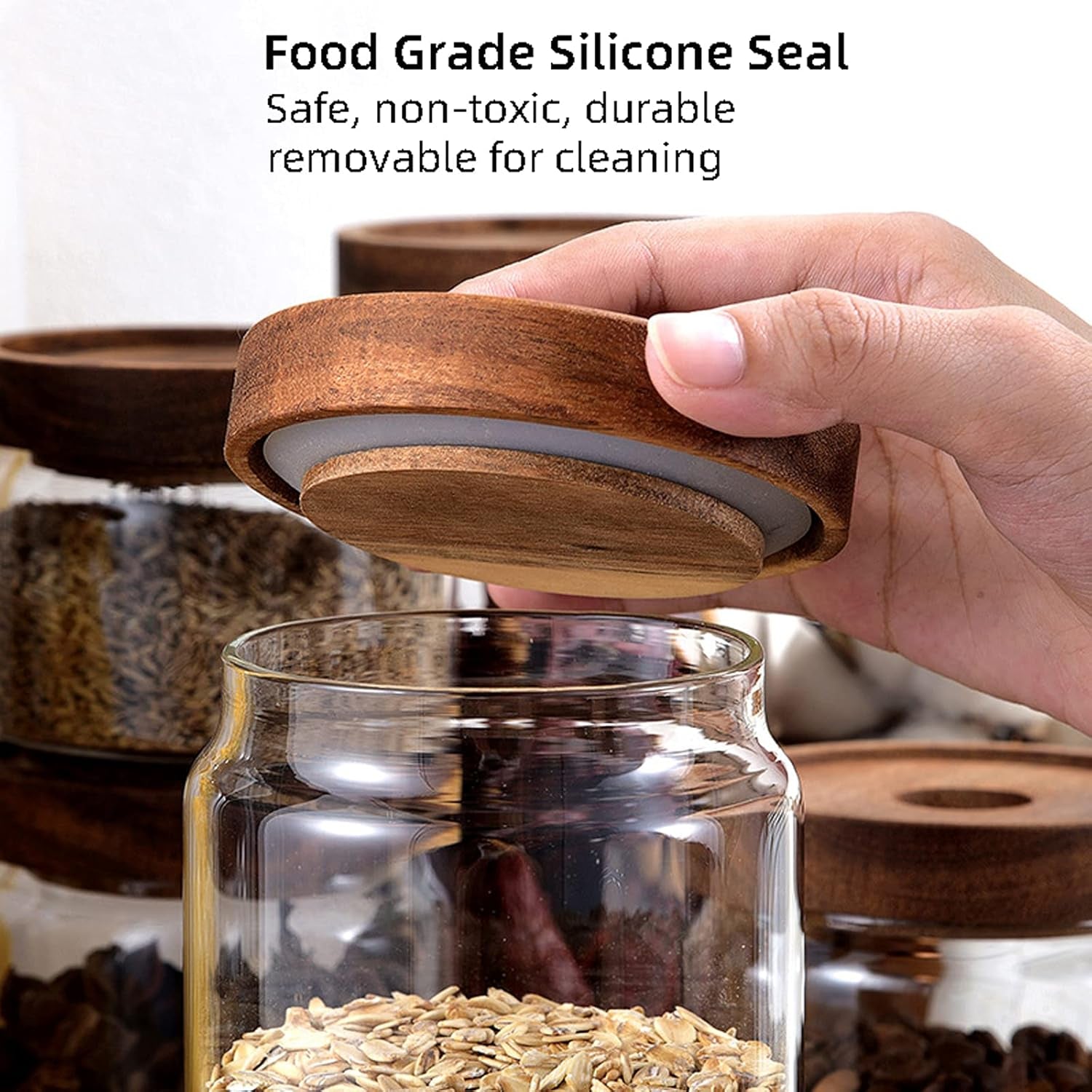 Glass Storage Jar with Wood Lid, Airtight Glass Food Jar Canister, Clear Kitchen Food Storage Containers for Flour, Sugar, Coffee Beans, Candy, Snack, Cookie and More (750Ml 26 FL OZ)