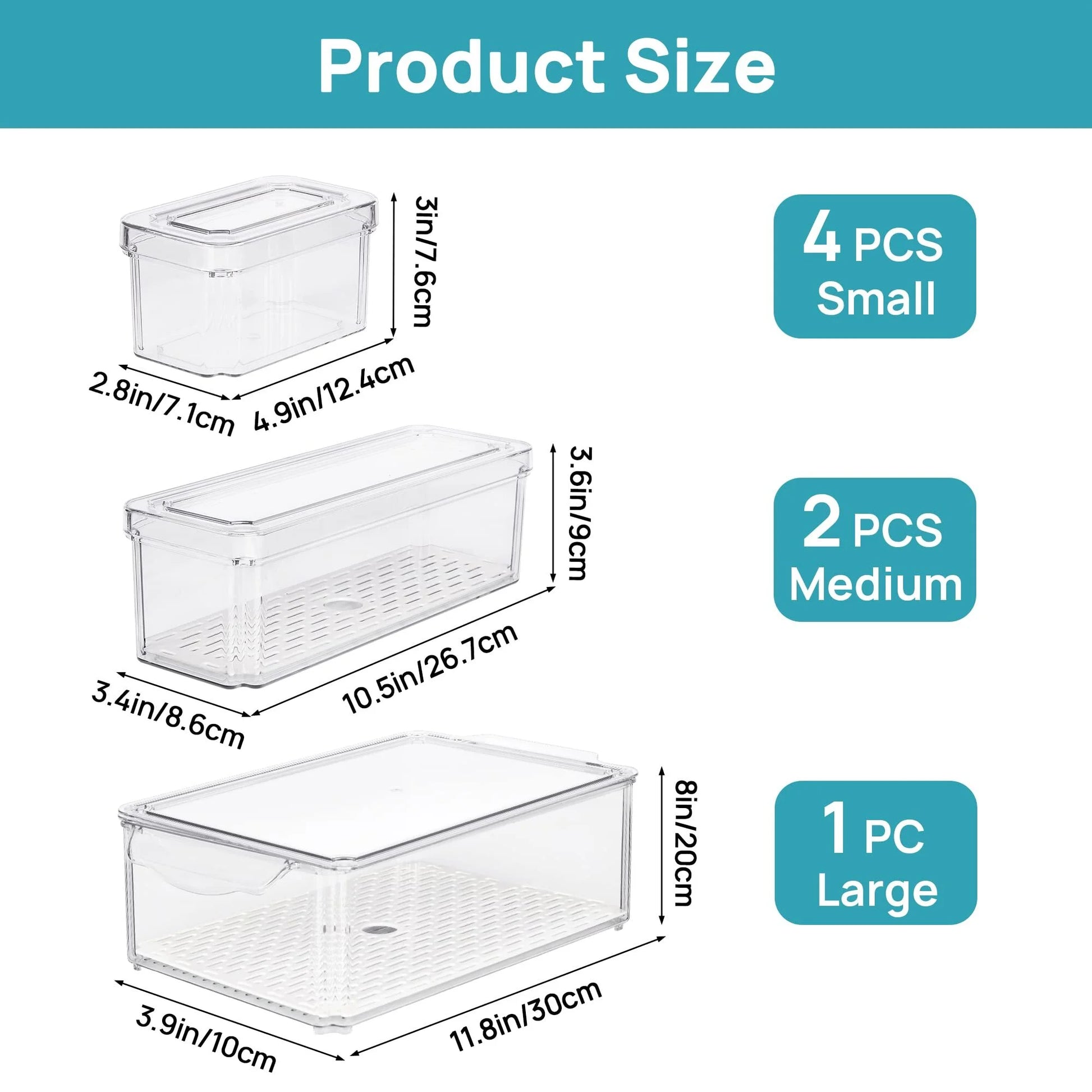 Set of 7 Refrigerator Organizer Bins,  Fruit Containers for Fridge with Drain Tray for Vegetables, Food, Drinks