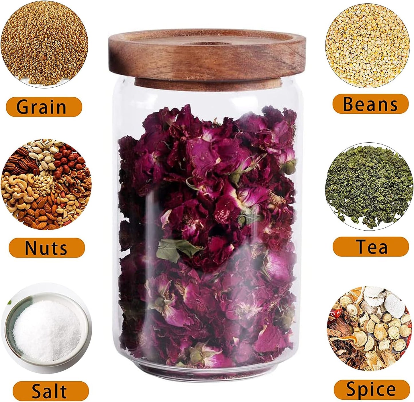 Glass Storage Jar with Wood Lid, Airtight Glass Food Jar Canister, Clear Kitchen Food Storage Containers for Flour, Sugar, Coffee Beans, Candy, Snack, Cookie and More (750Ml 26 FL OZ)