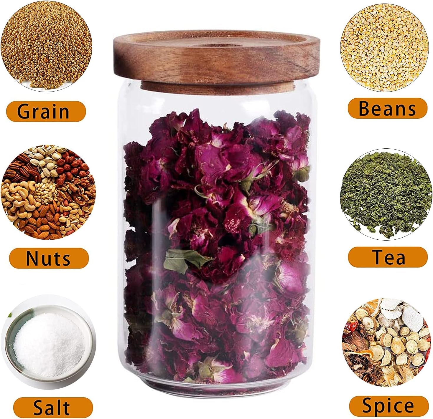 Glass Storage Jar with Wood Lid, Airtight Glass Food Jar Canister, Clear Kitchen Food Storage Containers for Flour, Sugar, Coffee Beans, Candy, Snack, Cookie and More (750Ml 26 FL OZ)